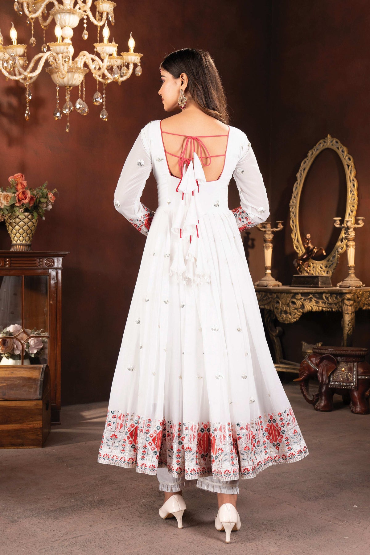 Yash Enterprise White Faux Blooming Embroidery Party Wear Suit Set | Grocsy