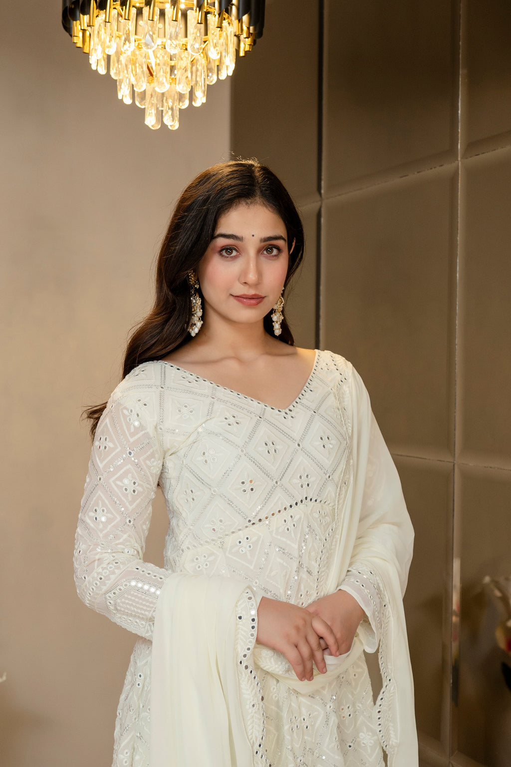 Yash Enterprise Off White Georgette Party Wear Embroidery Suit Set | Grocsy