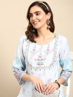 Sangria Women Turquoise Blue Floral Embroidered Kurta | Grocsy