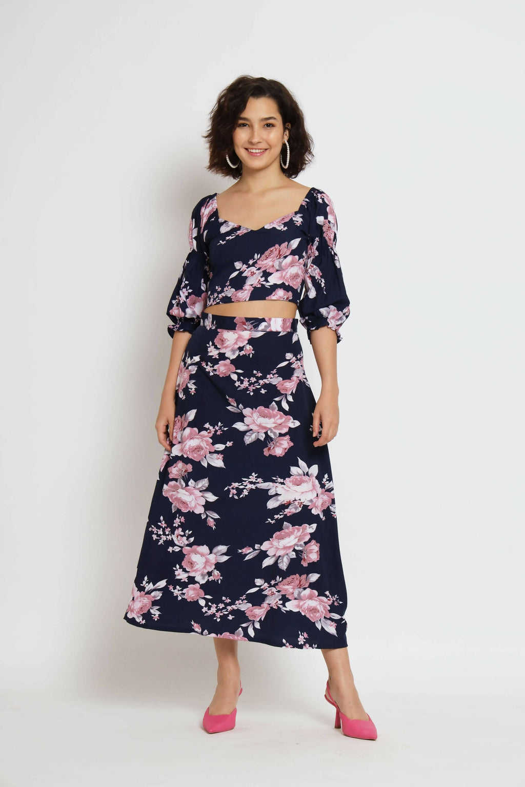 Blue Crepe Floral Printed Top with Matching Skirt - Shivani | Grocsy