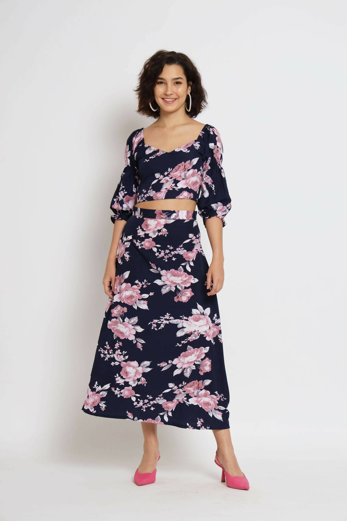 Blue Crepe Floral Printed Top with Matching Skirt - Shivani | Grocsy