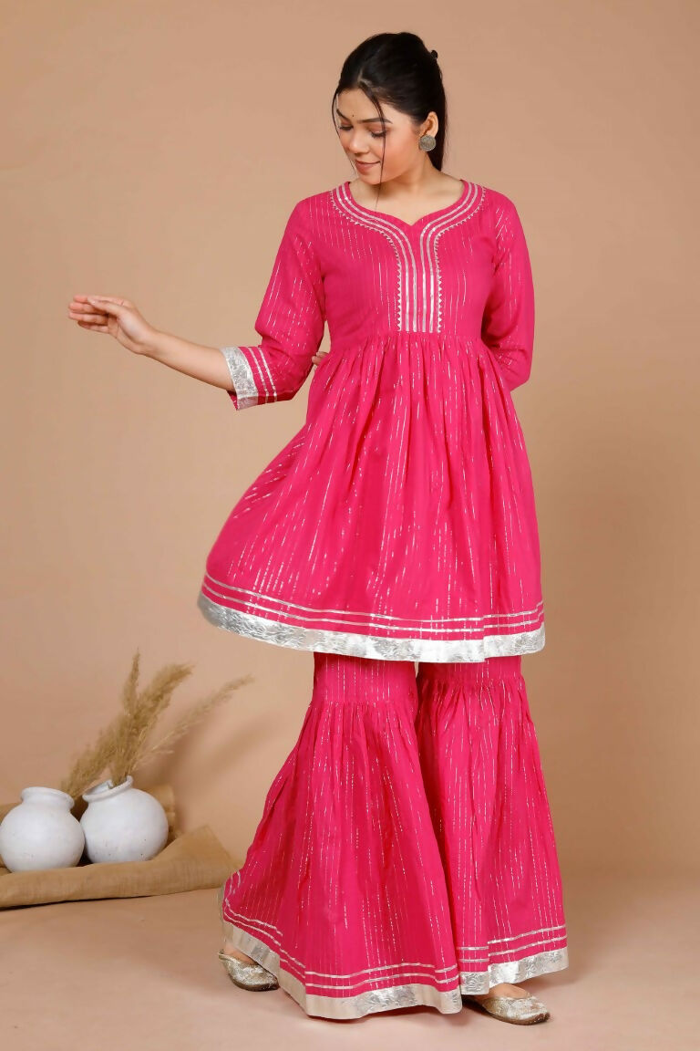 Miravan Women's Pink Printed A-Line Gotta Patti Lurex Cotton Kurti With Sharara | Grocsy