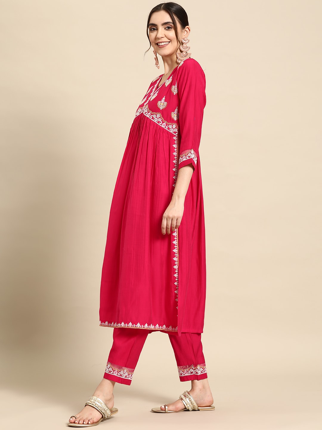 Sangria Ethnic Motifs Embroidered High Slit Thread Work Kurta With Trousers | Grocsy