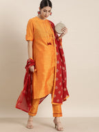 All About You Women Orange Regular Kurta with Trousers & With Dupatta | Grocsy