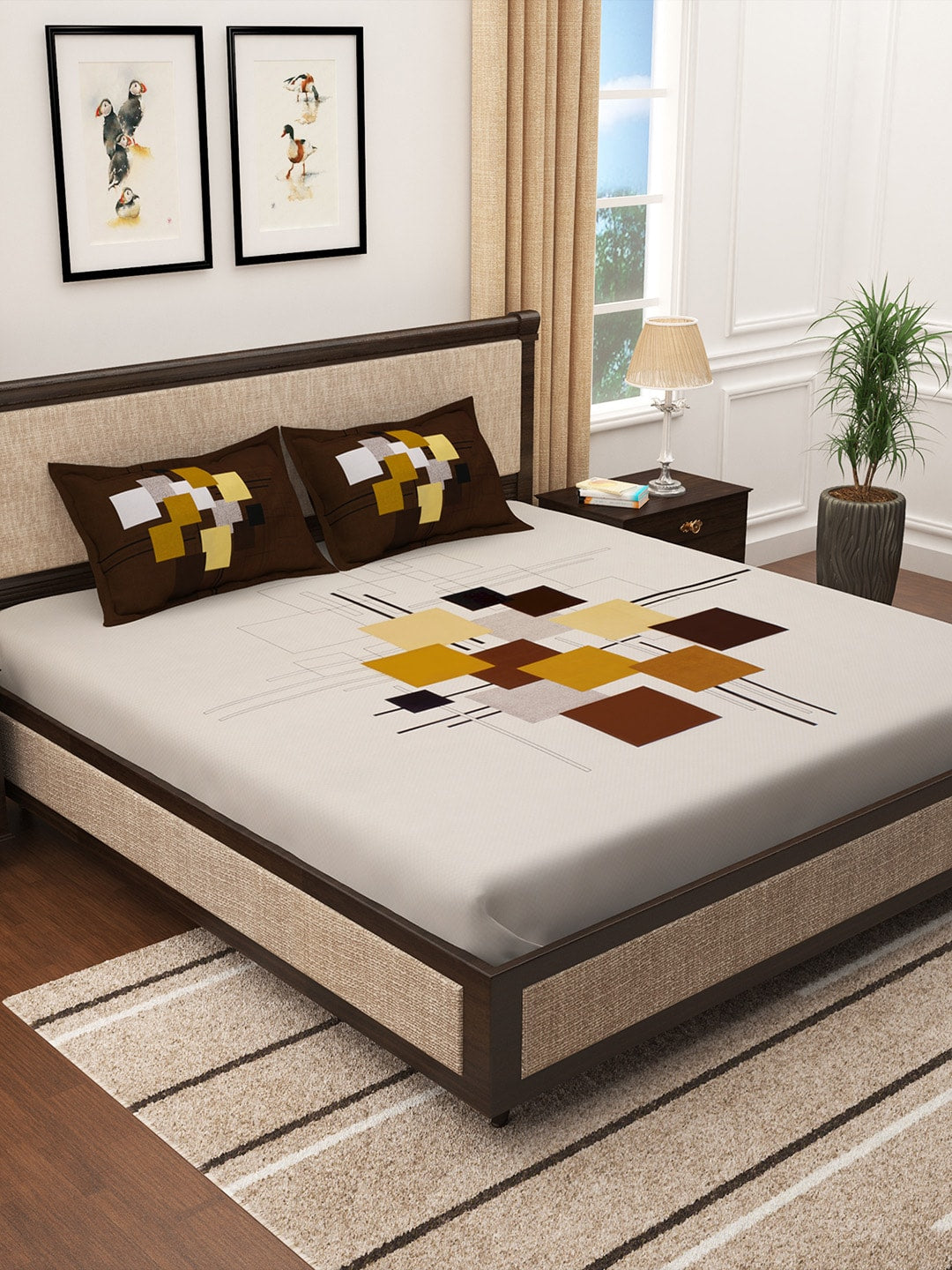 Story@home Cream-Coloured & Brown Abstract 300 TC Cotton 1 King Bedsheet with 2 Pillow Covers | Grocsy