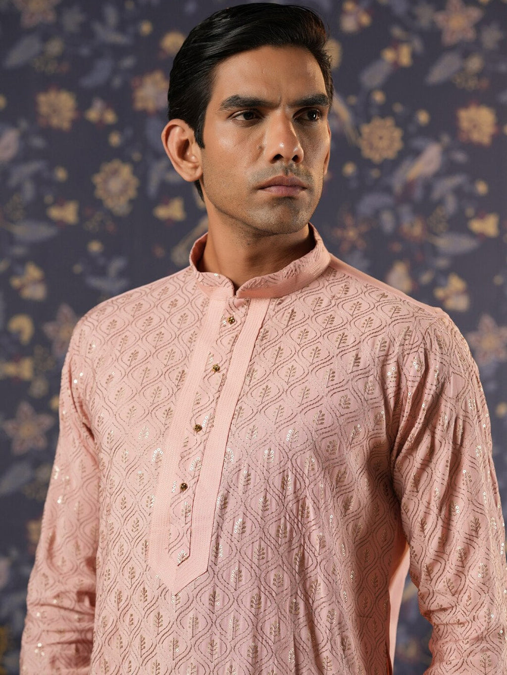 House of Pataudi Ethnic Motifs Embroidered Mandarin Collar Straight Kurta With Churidar | Grocsy