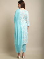 Sangria White & Blue Floral Printed Mirror Work A-Line Kurta With Trouser & Dupatta | Grocsy