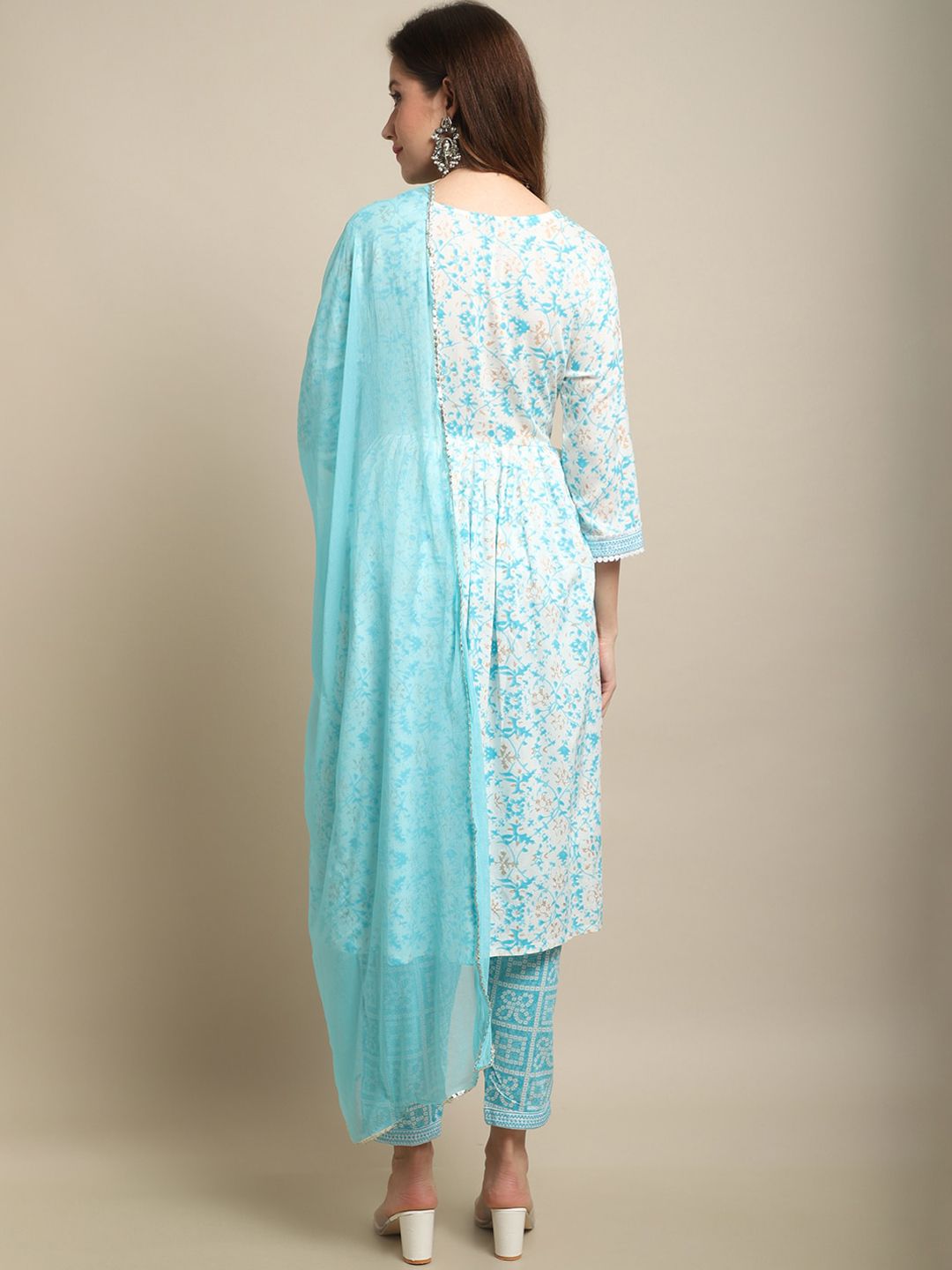 Sangria White & Blue Floral Printed Mirror Work A-Line Kurta With Trouser & Dupatta | Grocsy