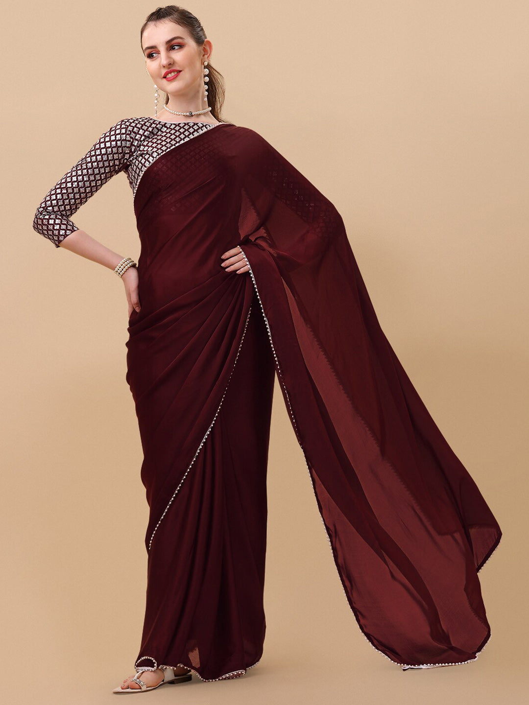 Sangria Women Burgundy Sarees | Grocsy