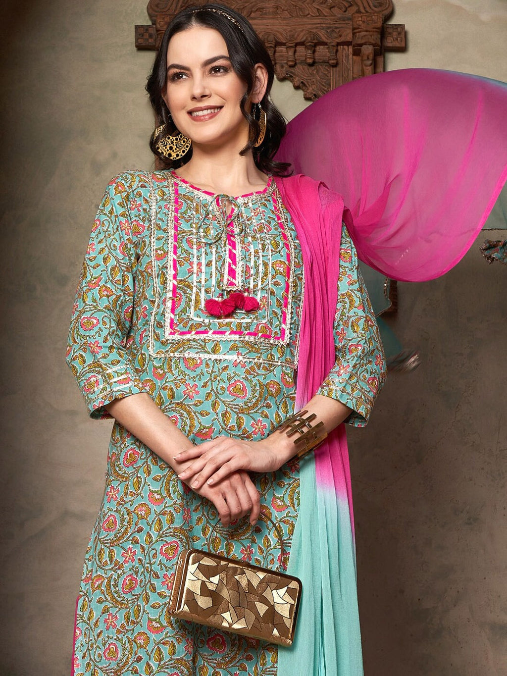 Sangria Ethnic Motifs Yoke Design Pure Cotton Kurta With Trousers & Dupatta | Grocsy