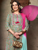 Sangria Ethnic Motifs Yoke Design Pure Cotton Kurta With Trousers & Dupatta | Grocsy