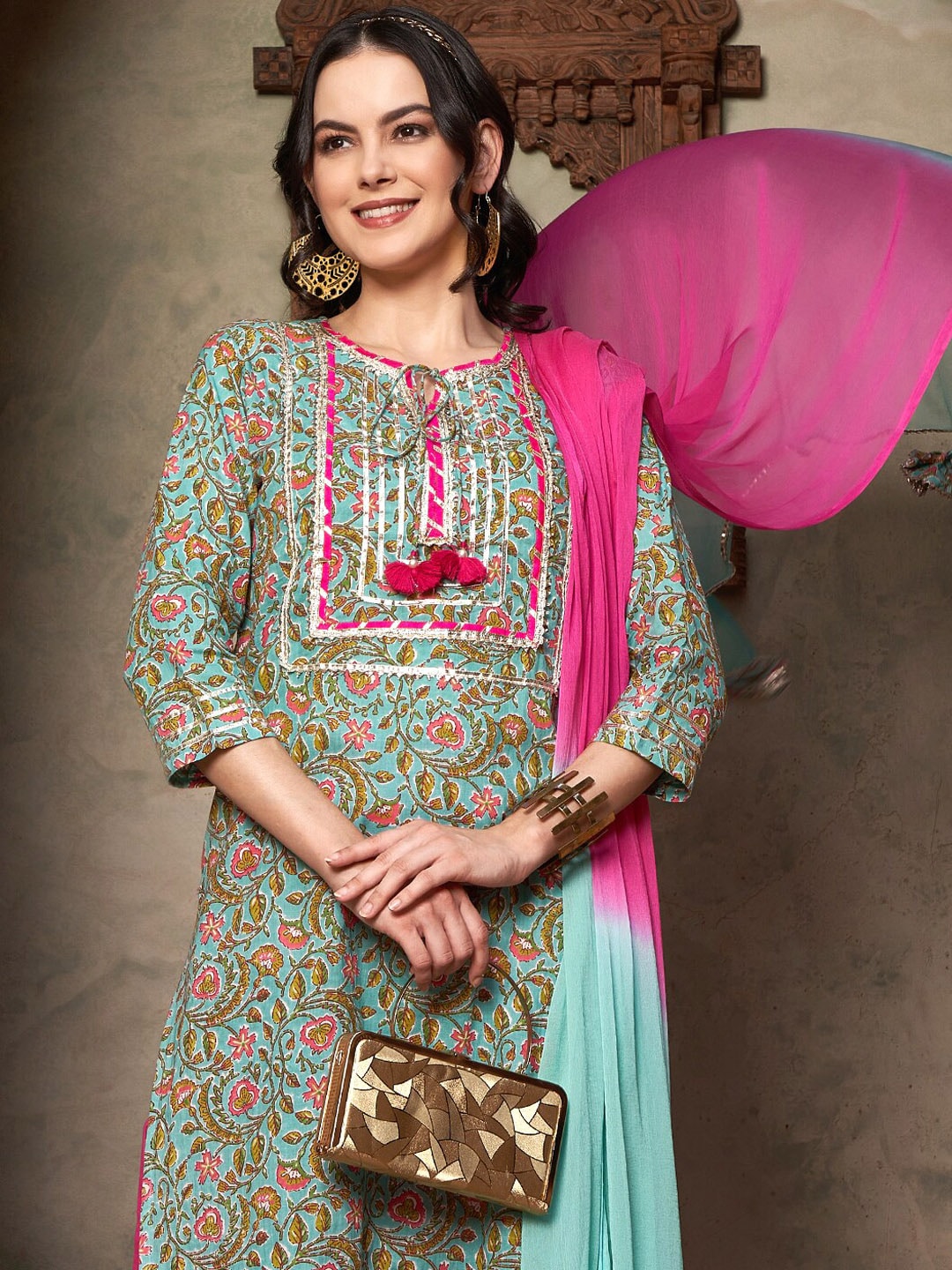 Sangria Ethnic Motifs Yoke Design Pure Cotton Kurta With Trousers & Dupatta | Grocsy