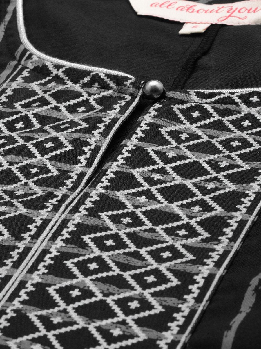 All About You Women Black & Grey Striped Keyhole Neck Kurta with Palazzos & Dupatta | Grocsy