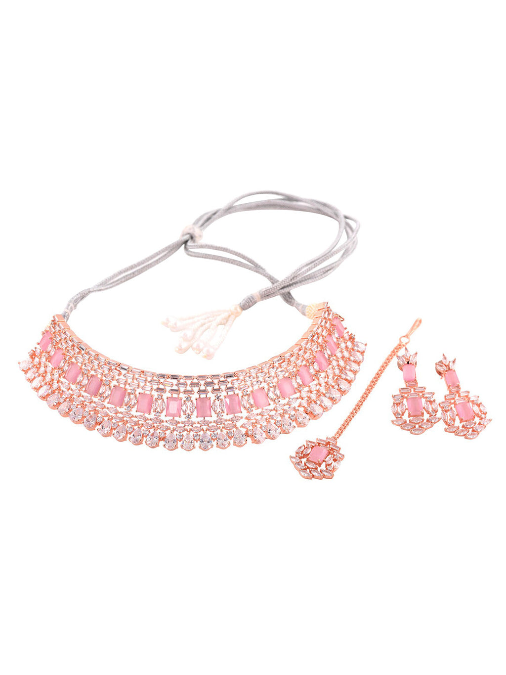 Saraf RS Jewellery Rose Gold-Polished & Pink AD Studded Handcrafted Jewellery Set | Grocsy
