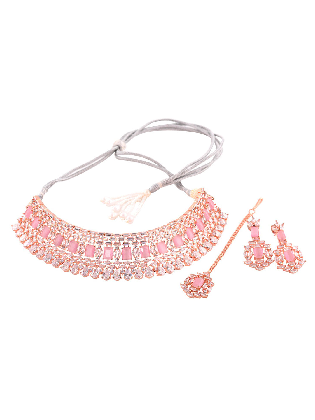 Saraf RS Jewellery Rose Gold-Polished & Pink AD Studded Handcrafted Jewellery Set | Grocsy