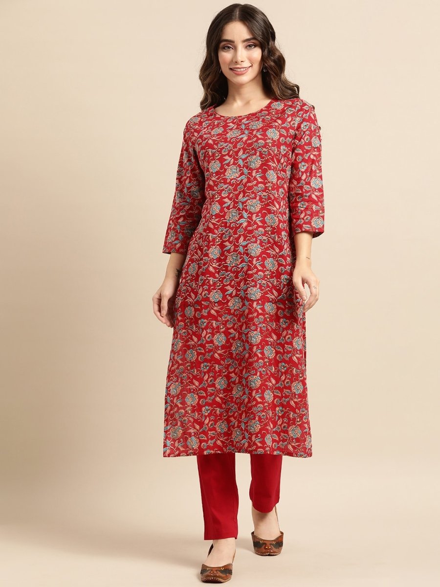 All About You Women Red Floral Printed Pure Cotton Kurta with Trousers | Grocsy