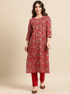 All About You Women Red Floral Printed Pure Cotton Kurta with Trousers | Grocsy