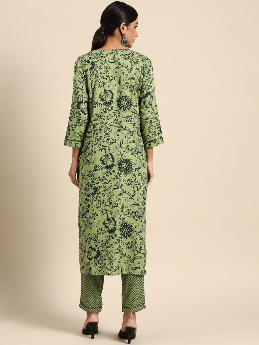 All About You Women Green Ethnic Motifs Printed Kurta with Trousers | Grocsy