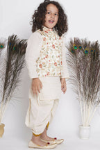 Little Bansi Banarsi Floral Embroidery Jacket Wth Cotton Kantha kurta And Kantha Dhoti - Cream | Grocsy