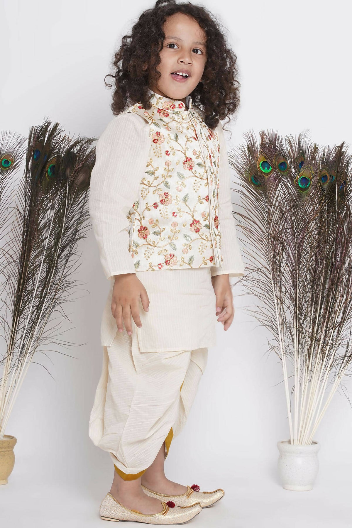 Little Bansi Banarsi Floral Embroidery Jacket Wth Cotton Kantha kurta And Kantha Dhoti - Cream | Grocsy