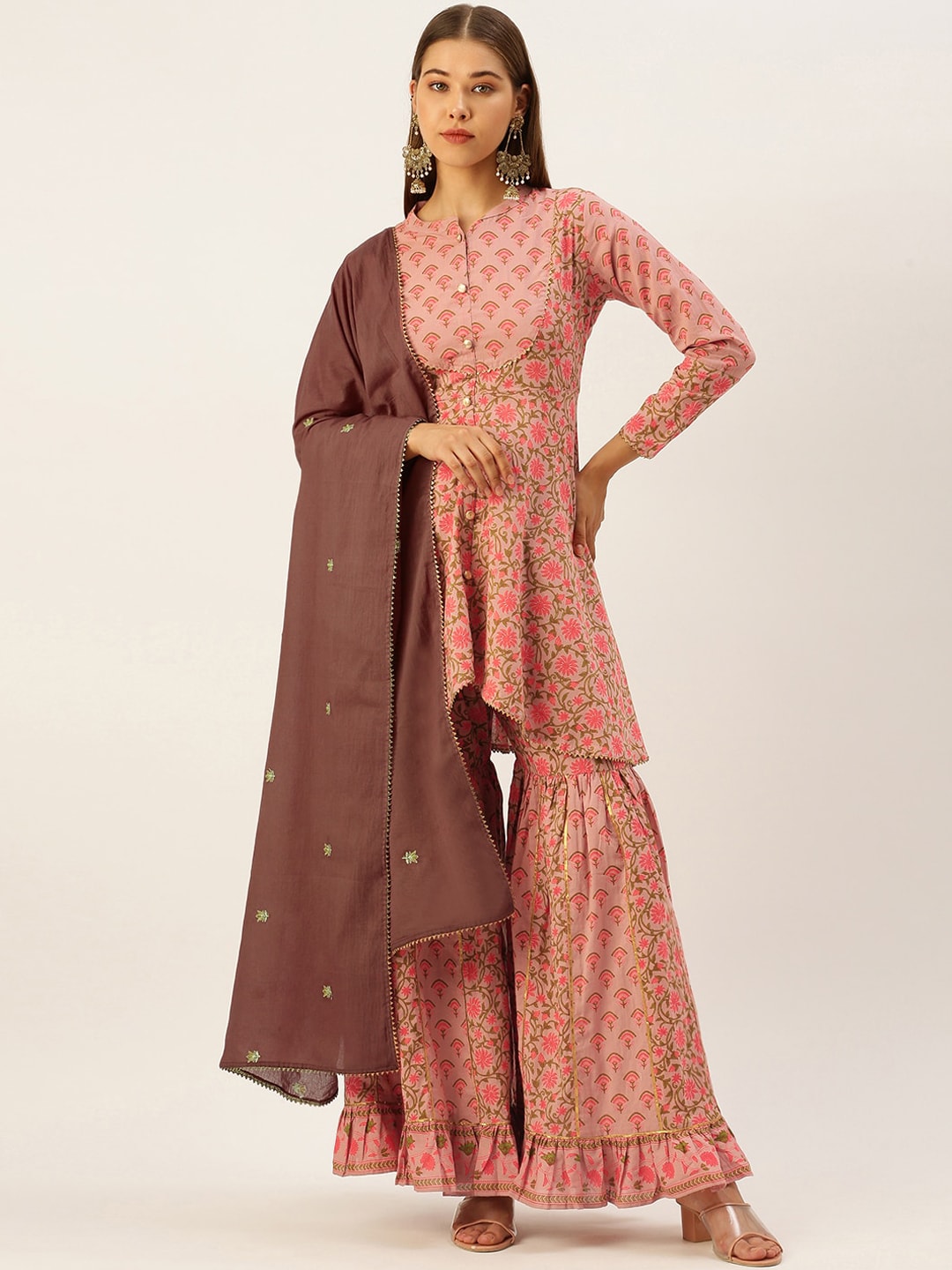 HERE&NOW Women Pink & Coffee Brown Printed Cotton Kurti with Sharara & With Dupatta | Grocsy