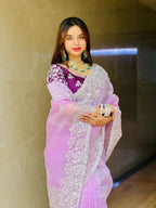Teeya Creation New Womens Latest Party Wear Soft Organza Saree-Lavender | Grocsy