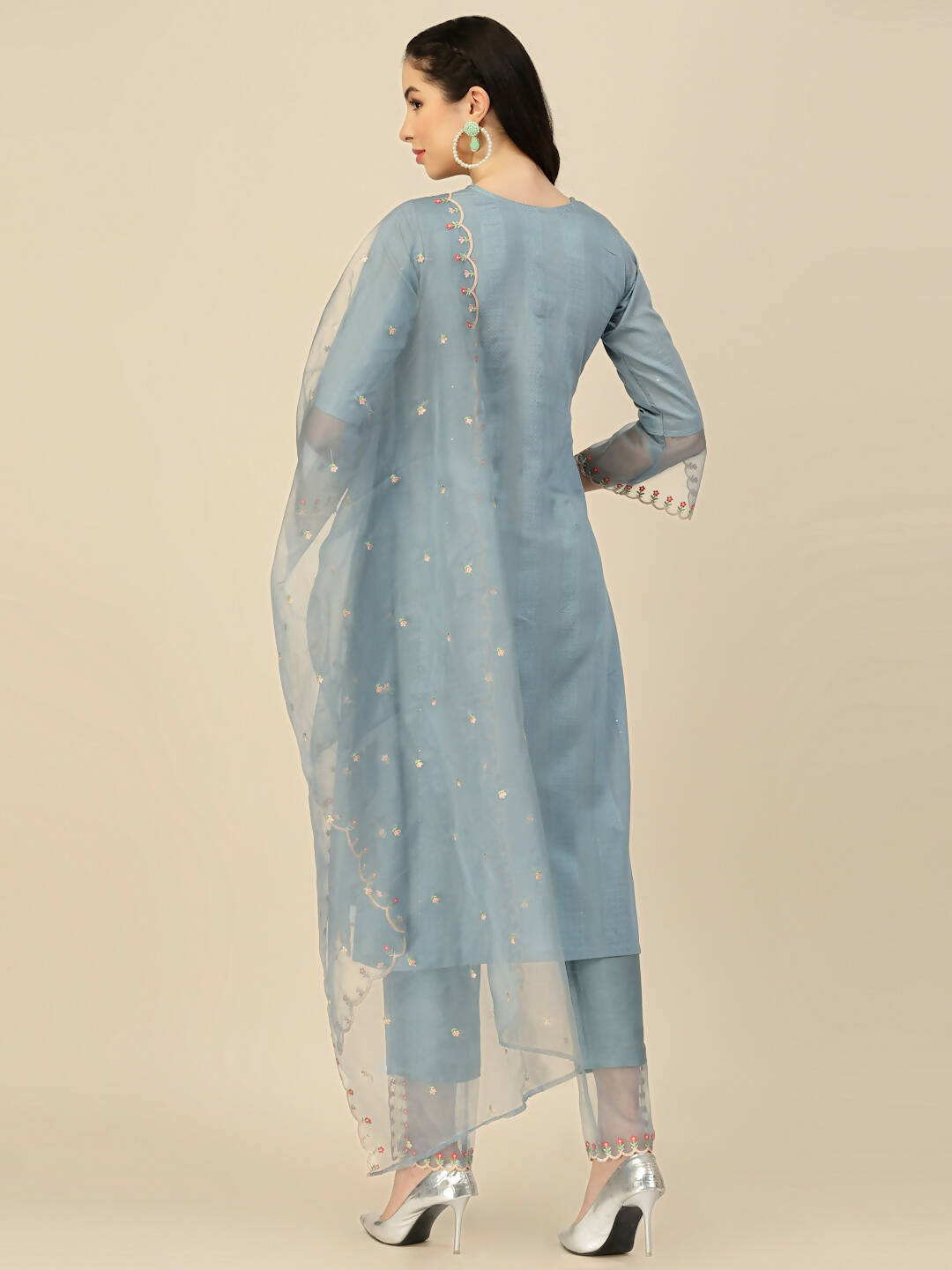 Sky Blue Embroidered Chinon Straight Kurta With Trouser & Dupatta - Salimar | Grocsy