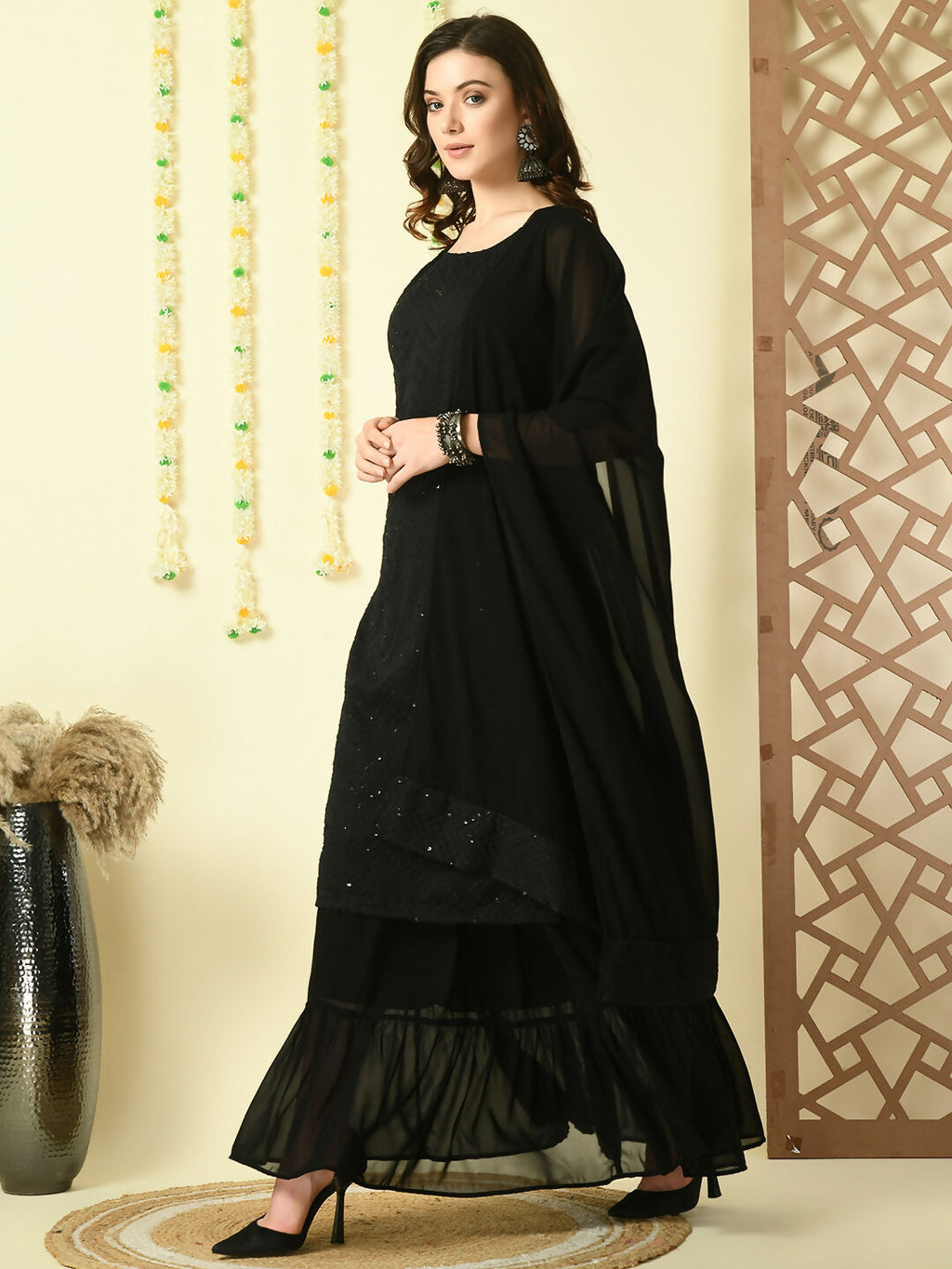 Myshka Women's Black Georgette Kurta & Skirt With Dupatta Party Sets | Grocsy