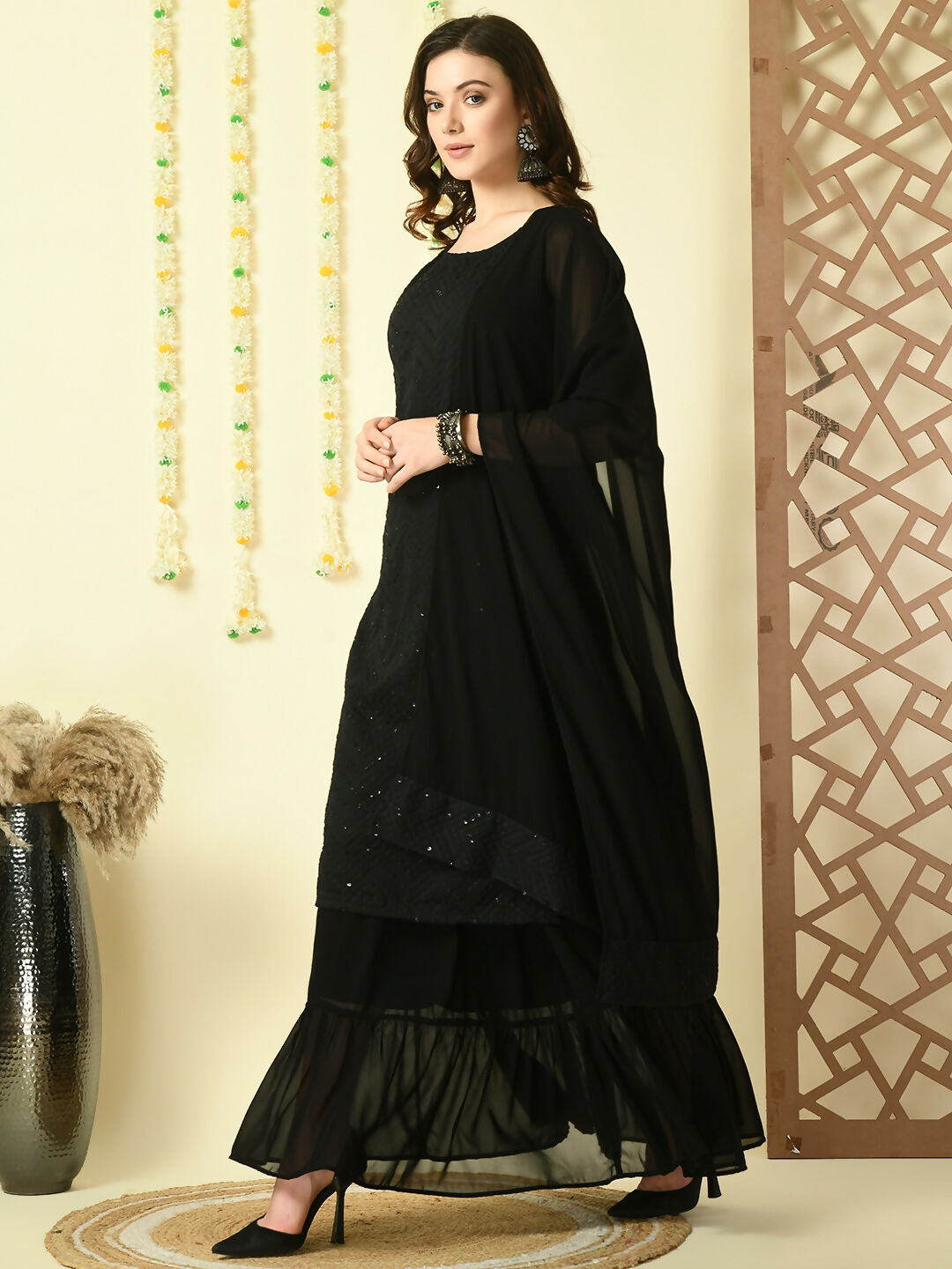 Myshka Women's Black Georgette Kurta & Skirt With Dupatta Party Sets | Grocsy
