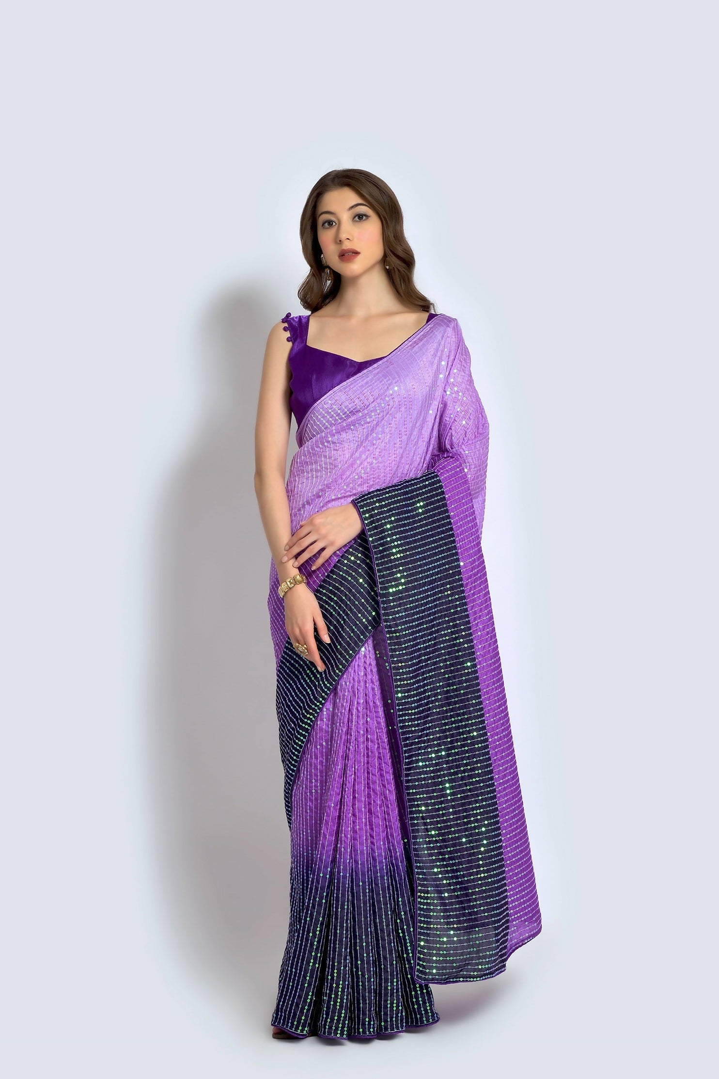 Vegaa Fashion Lavender Vichitra Silk Embroidered Party Wear Saree | Grocsy
