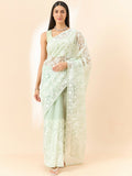 Green Organza Paisely Embroidered Saree with Unstitched Blouse Piece - Roozal | Grocsy