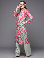 Ahalyaa Women Pink & Sea Green Floral Printed Gotta Patti Velvet Kurta | Grocsy