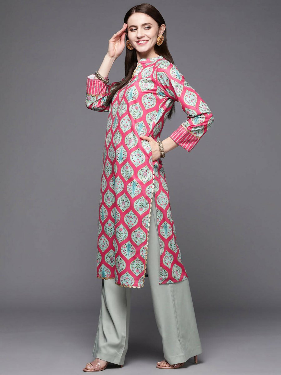 Ahalyaa Women Pink & Sea Green Floral Printed Gotta Patti Velvet Kurta | Grocsy