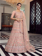 Myra Peach Organza Floral Print Embroidered Designer Lehenga | Grocsy