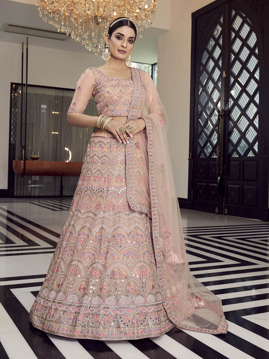 Myra Peach Organza Floral Print Embroidered Designer Lehenga | Grocsy