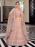 Myra Peach Organza Floral Print Embroidered Designer Lehenga | Grocsy
