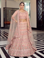 Myra Peach Organza Floral Print Embroidered Designer Lehenga | Grocsy