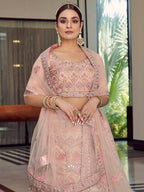 Myra Peach Organza Floral Print Embroidered Designer Lehenga | Grocsy