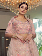 Myra Peach Organza Floral Print Embroidered Designer Lehenga | Grocsy