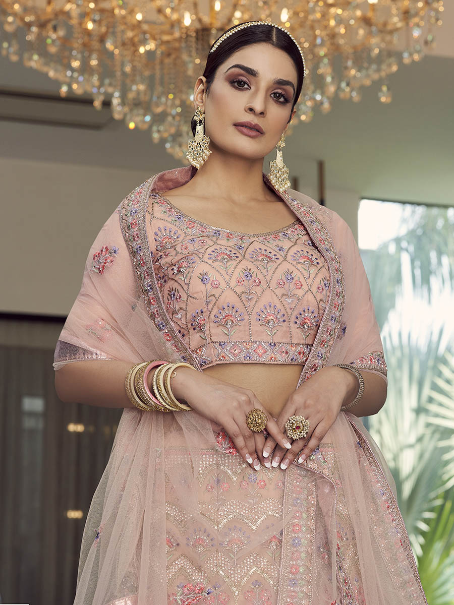 Myra Peach Organza Floral Print Embroidered Designer Lehenga | Grocsy