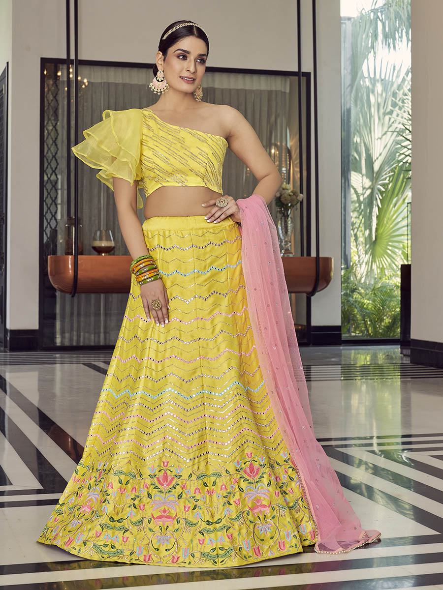 Myra Yellow Art Silk Mirror Work Designer Lehenga | Grocsy