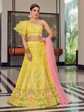 Myra Yellow Art Silk Mirror Work Designer Lehenga | Grocsy