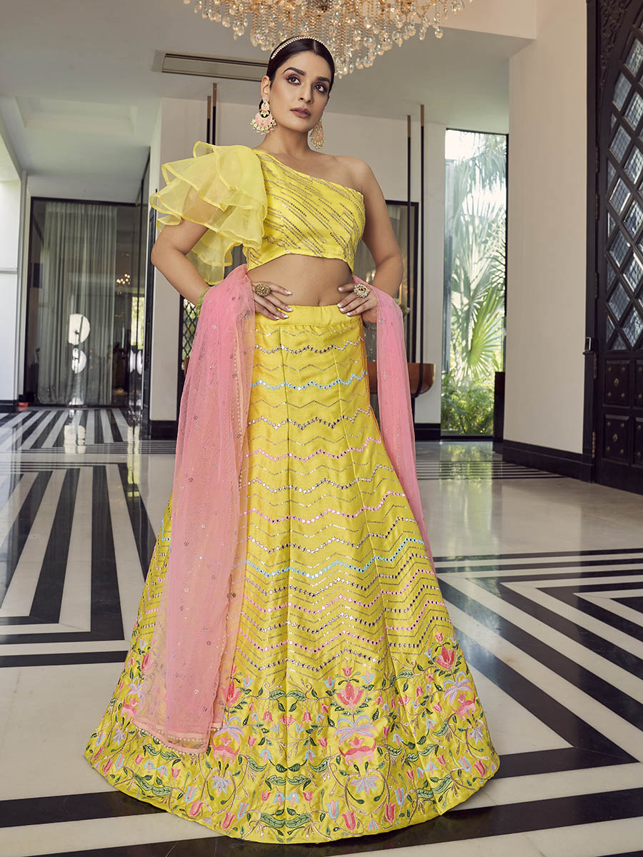 Myra Yellow Art Silk Mirror Work Designer Lehenga | Grocsy