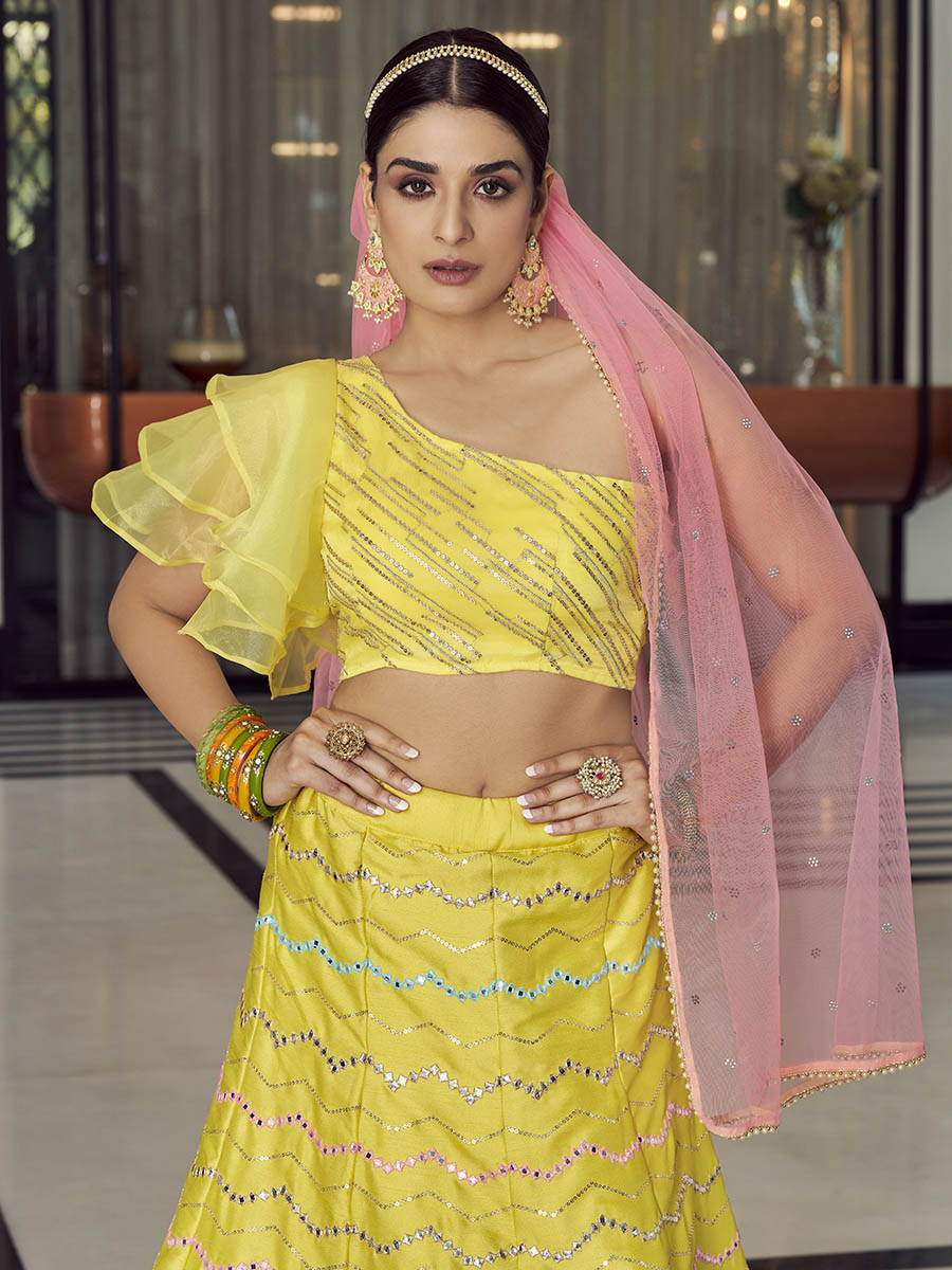 Myra Yellow Art Silk Mirror Work Designer Lehenga | Grocsy