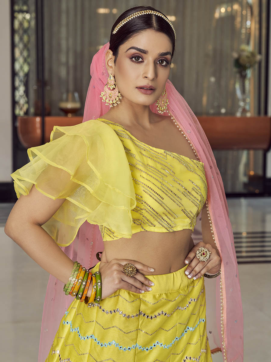 Myra Yellow Art Silk Mirror Work Designer Lehenga | Grocsy