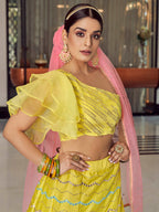 Myra Yellow Art Silk Mirror Work Designer Lehenga | Grocsy