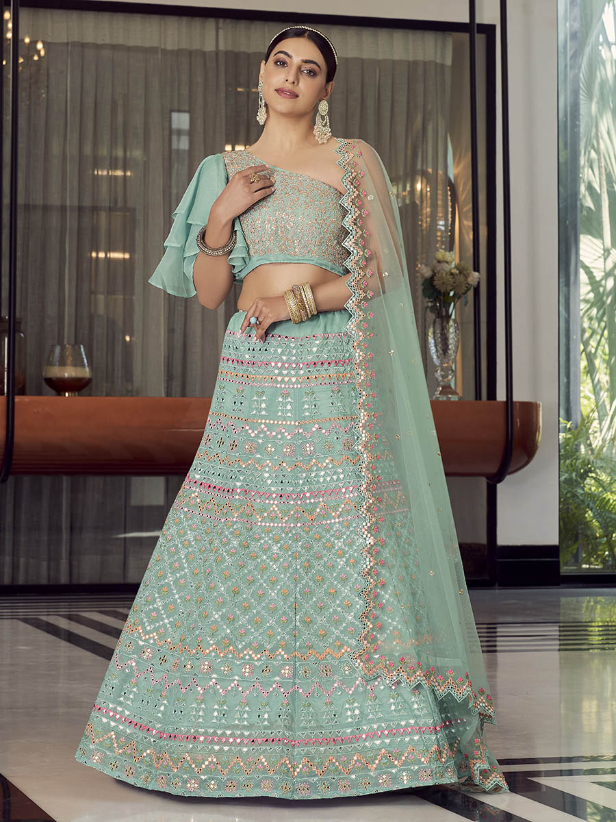 Myra Turquoise Organza Floral Print Embroidered Designer Lehenga | Grocsy