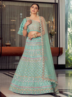 Myra Turquoise Organza Floral Print Embroidered Designer Lehenga | Grocsy