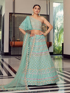 Myra Turquoise Organza Floral Print Embroidered Designer Lehenga | Grocsy