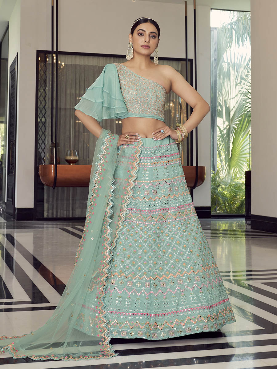 Myra Turquoise Organza Floral Print Embroidered Designer Lehenga | Grocsy